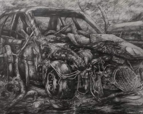Rakin Nowar, The Derelict Car, Pencil on Paper, 56 X 35 Inches, 2019
